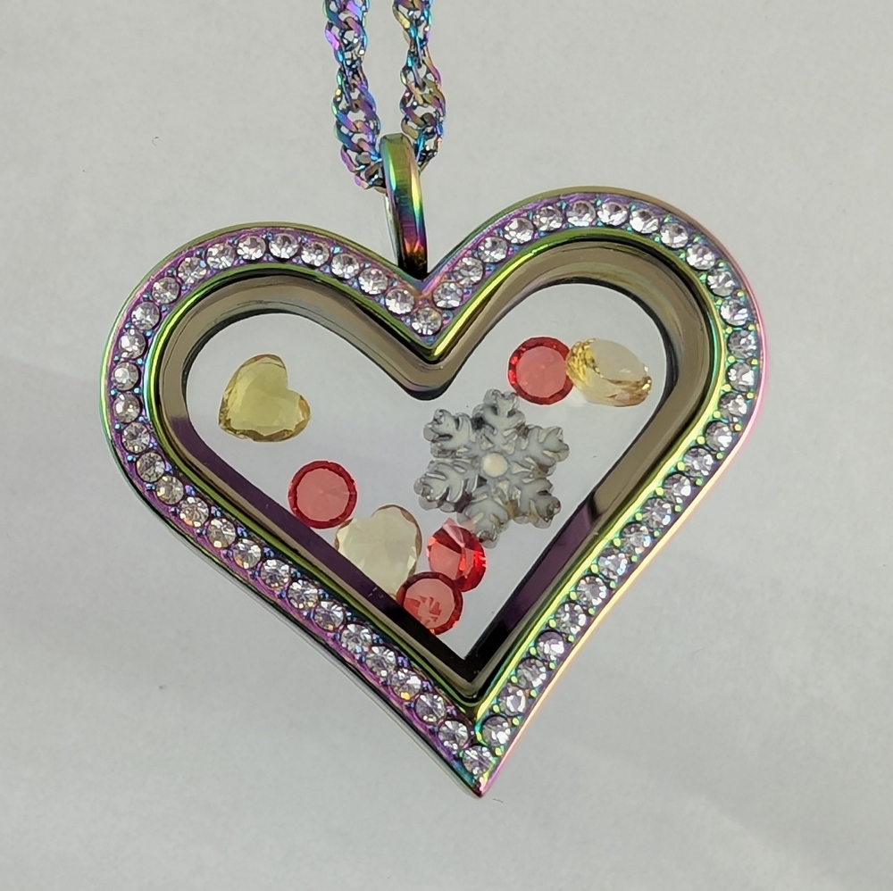 RAINBOW HEART FLOATING CHARM LOCKET NECKLACE